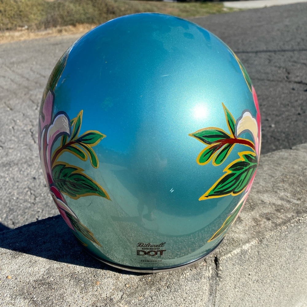 Hand Painted Rose Floral Biltwell Gringo Seafoam Green Motorcycle Helmet Size M - Picture 3 of 5
